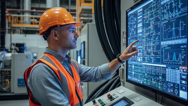 Male engineer in hard hat and vest examines industrial control system screen in factory setting with machinery