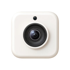 Creamy, square-shaped security camera with a prominent lens against black