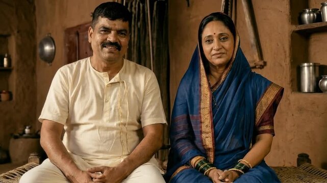 A husband and wife sit together at home, sharing a quiet moment of companionship and domestic warmth.