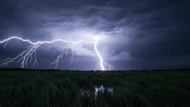 Lightning illuminates a stormy sky above a serene grassland at dusk, captured in a dramatic video from a low viewpoint