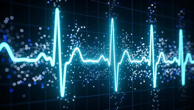 Abstract heart pulse waveform motion graphics with blue glowing particles on a grid background.