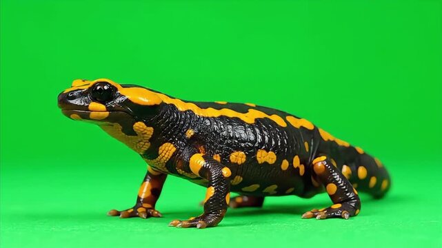 Vibrant Fire Salamander Walking Across a Green Screen Studio Background.