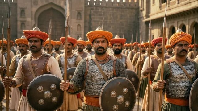 A procession advances with devotees and guards, moving solemnly in ceremonial order and spiritual devotion.