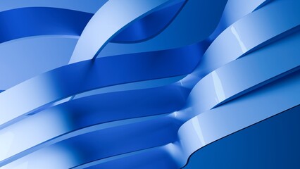 Abstract wavy curved 3d render. Blue soft layers of plastic with lines, folds, ruffles. Modern wallpaper, texture pattern. 3D Illustration