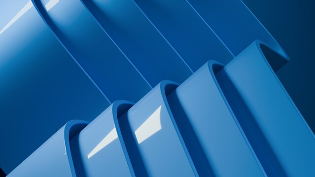 Abstract wavy curved 3d render. Blue soft layers of plastic with lines, folds, ruffles. Modern wallpaper, texture pattern. 3D Illustration