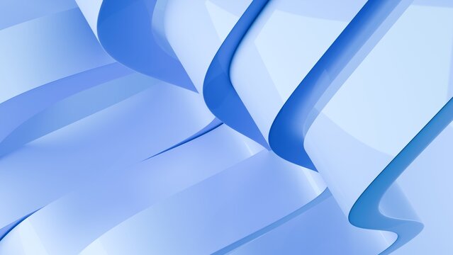 Abstract wavy curved 3d render. Blue soft layers of plastic with lines, folds, ruffles. Modern wallpaper, texture pattern. 3D Illustration