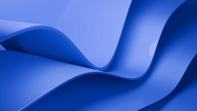 Abstract wavy curved 3d render. Blue soft layers of plastic with lines, folds, ruffles. Modern wallpaper, texture pattern. 3D Illustration