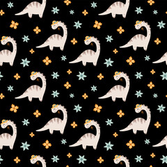 Summer seamless pattern with coquette dinosaur and flowers. Cute dino girl background, Jurassic animal repeat paper, Kids vector illustration. © JulzaArt