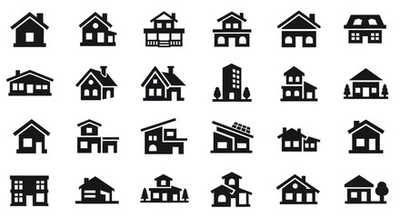 Collection of various house icons in different architectural styles and designs