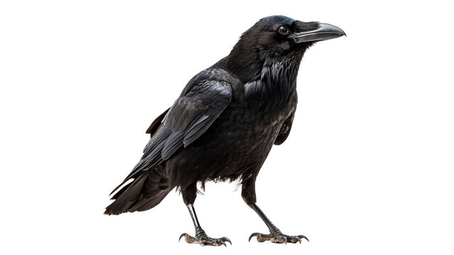 Black raven stands isolated on transparent background cut out