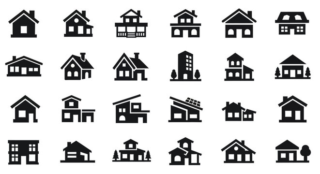 Collection of various house icons in different architectural styles and designs