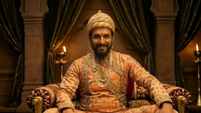 Chhatrapati Shivaji Maharaj smiles warmly in the soft temple light, radiating kindness, serenity, and gentle presence.