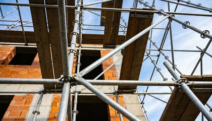 Low angle view of complex metal scaffolding framework against blue sky