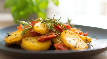 Golden Potato Slices with Salted Tomatoes and Herbs in a Modern Kitchen. Generative AI
