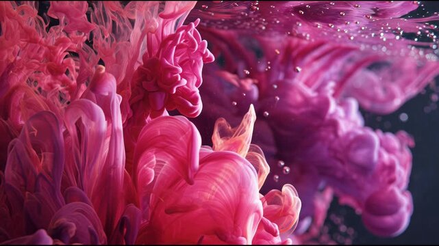 Captivating abstract explosion of vivid magenta and deep purple ink gracefully diffusing and swirling through clear water, creating a mesmerizing, fluid dance of colors perfect for innovative creative