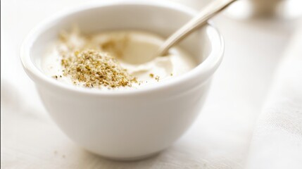 Creamy garlic dip with herb flakes in a bowl. Generative AI
