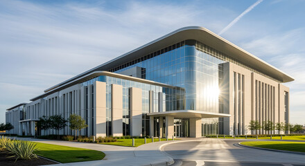 Obraz premium A futuristic modern building with smooth curved architecture, large reflective glass windows, and sleek metallic panels.