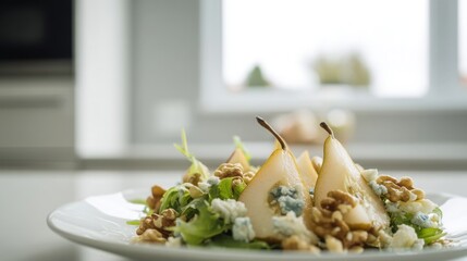 Fresh Pear Salad with Blue Cheese and Walnuts. Generative AI