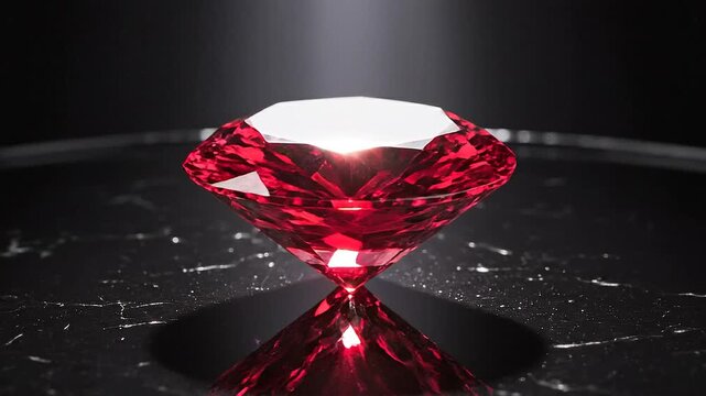 Exquisite Red Ruby Gemstone Shining on Black Stone Surface