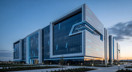 Ultra-modern futuristic office building with sleek glass fa&ccedil;ade and sharp angular metallic structures, illuminated LED light lines integrated into the architecture