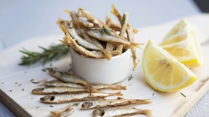 Roasted capelin with lemon slices and herbs in a modern kitchen. Generative AI