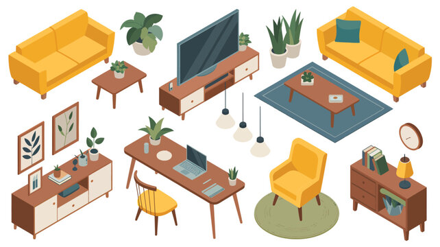 A collection of isometric modern furniture for a comfortable living room and productive home office setup