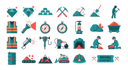 Collection of mining icons and symbols depicting various industrial scenes and activities from a top-down viewpoint