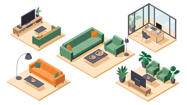 Isometric collection of modern living room and office interior designs with furniture
