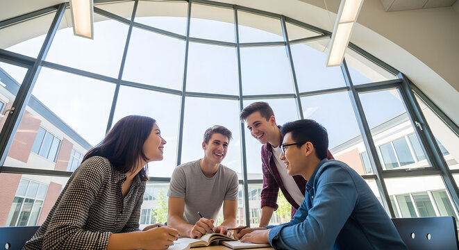 Four diverse college students studying together at a table near