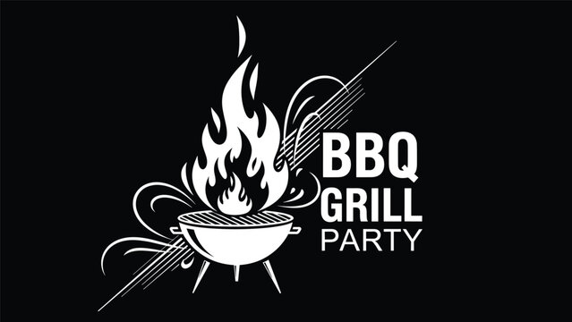 Barbecue grill party logo displays a white silhouette of a grill with large flames against a solid black background.