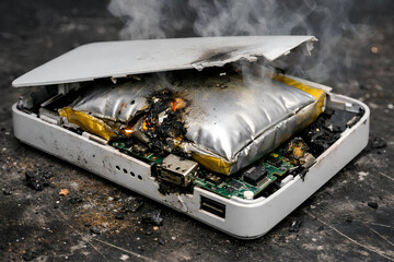 A white power bank that has burst open due to battery failure. The internal silver pouch is severely swollen and smoking, revealing the electronic circuitry and the aftermath of a chemical fire