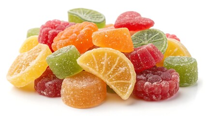 Bright mixed candied fruits showing translucent texture, studio isolated on white background.