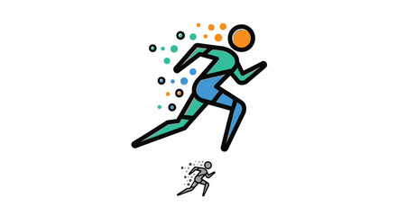 Obraz premium Stylized abstract running figure icon showing rapid movement and speed dissolving into small particles