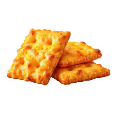 Stack of three small, square, orange cheese crackers on a black background