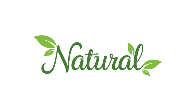 Word natural is written in an elegant green script and decorated with several small green leaves on a white background.