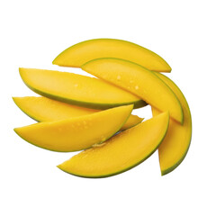 Freshly cut, vibrant mango slices spiraled artistically, showcasing brilliant yellow flesh, a hint of green skin, and refreshing water droplets on a deep black field, emphasizing t