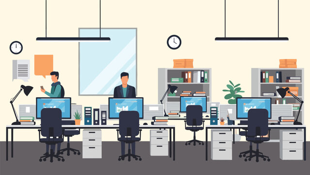 Busy office workspace illustration shows people working at computer desks with bookshelves plants and clocks in a flat style.