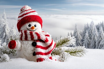 Fototapeta premium Cheerful snowman with red striped scarf in winter wonderland with snow-covered trees