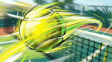 Obraz premium Flying tennis ball with speed lines over net on court. Dynamic sports action concept for competition and healthy active lifestyle promotion.