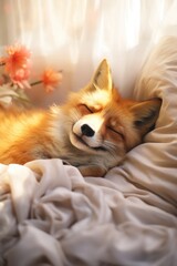 Fototapeta premium Red fox sleeping soundly in a cozy bed, peaceful animal resting concept. Sweet dreams and relaxed domestic pet moment for nature