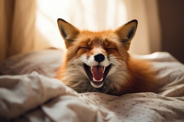 Fototapeta premium Red fox laying in bed, laughing with eyes closed. Concept of humor, joy and relaxation for animal photography.