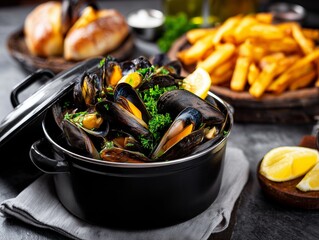 A pot of steaming mussels garnished with herbs sits beside golden fries and toasted bread. The rustic setup highlights a cozy, appetizing meal.