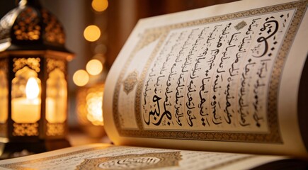Fototapeta premium An open sacred text illuminated by a traditional ornate lantern, evoking spiritual contemplation and a serene atmosphere of devotion and cultural reflection during an evening moment