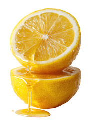 Stacked halved lemon, juice dripping, vibrant yellow against a dark backdrop