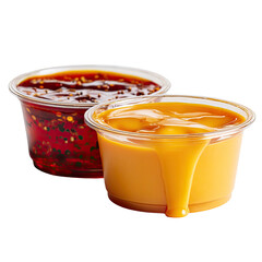 Two small tubs of sauce one orange cheese-like, other a dark chili oil