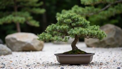 Miniature Pine Tree in Elegant Pot Surrounded by Natural Stones