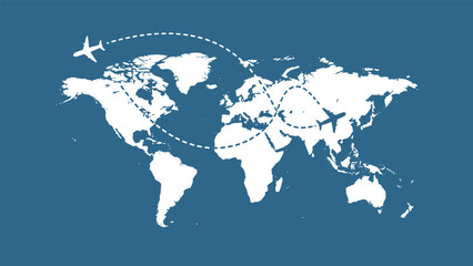 Naklejka premium World map silhouette on a blue background featuring two airplane flight paths across different continents representing global travel and logistics.