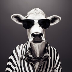 Fototapeta premium Funny cow in sunglasses and zebra striped jacket for social media avatar, meme, or costume party. Animal humanization concept.