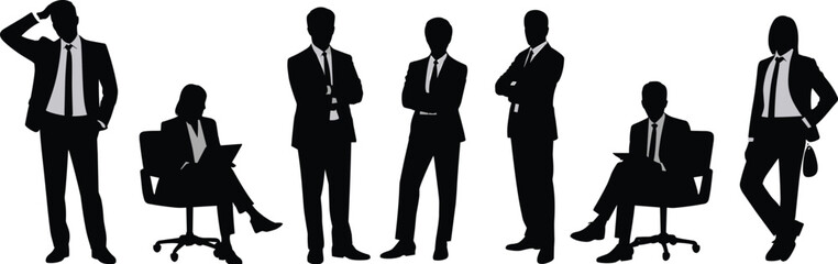 Business men silhouette illustration set featuring professional male executives standing and sitting in formal office poses for corporate leadership management teamwork concepts