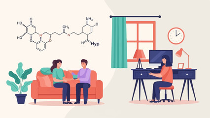 Fototapeta premium Diverse individuals engage in daily activities at home, with a molecular structure above